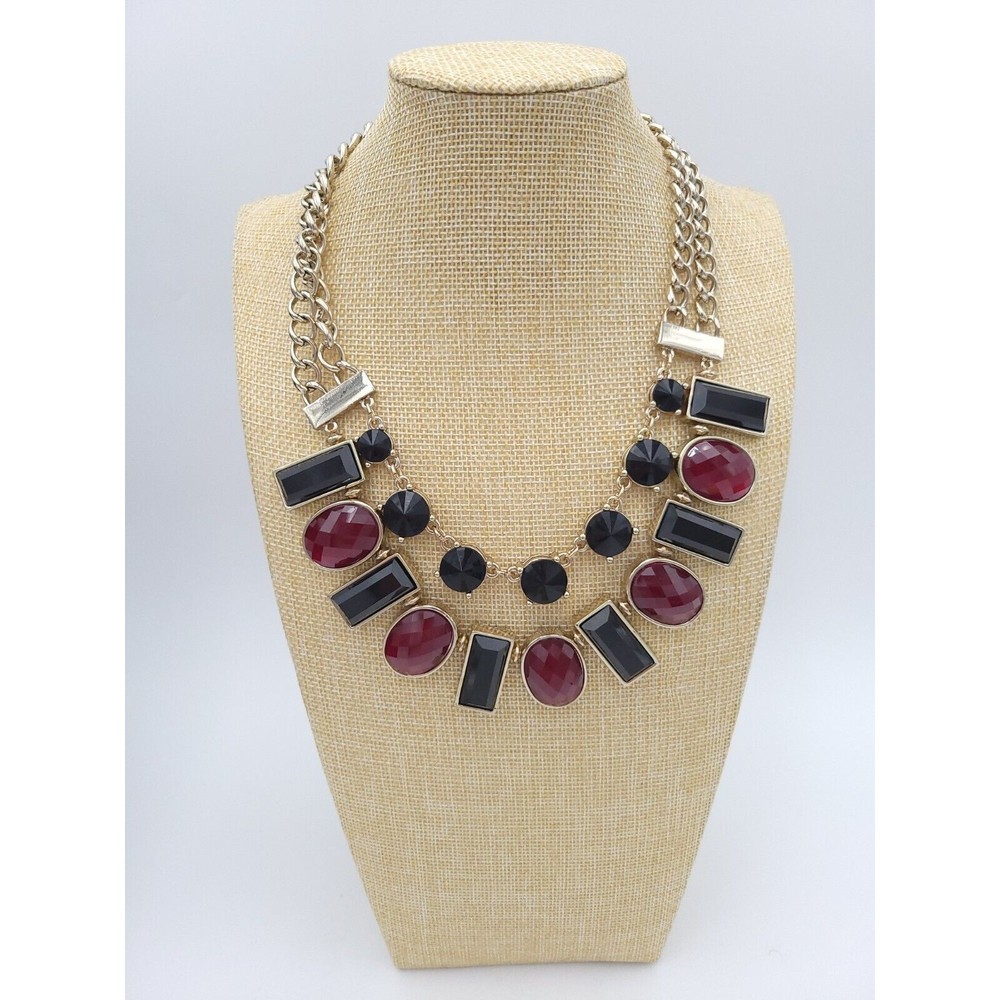 White House Black Market Black Burgundy Red Statement Necklace Fashion Jewelry - Picture 3 of 6